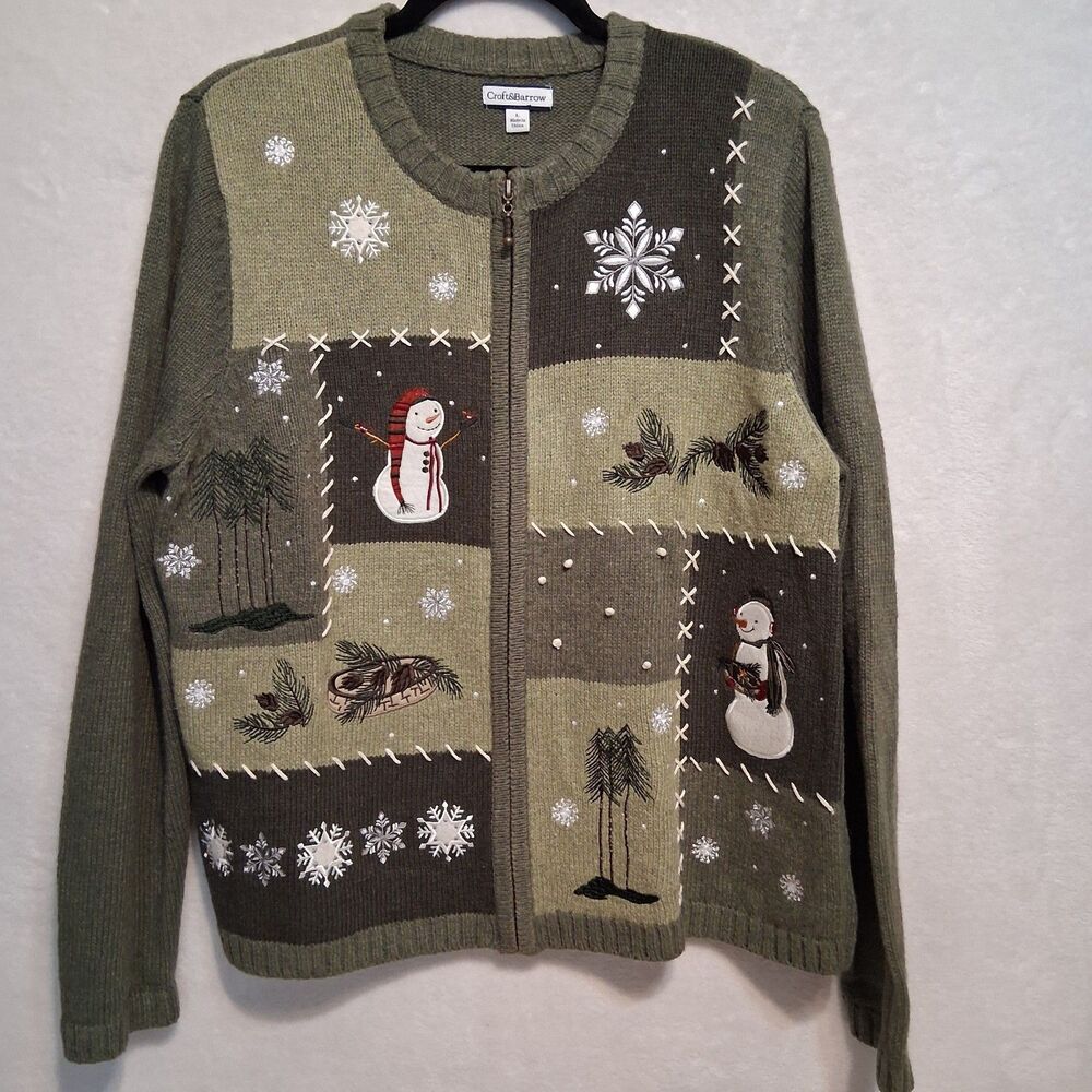 Croft & Barrow L Cardigan Sweater Full Zip Sage Green Christmas Snowman Vintage